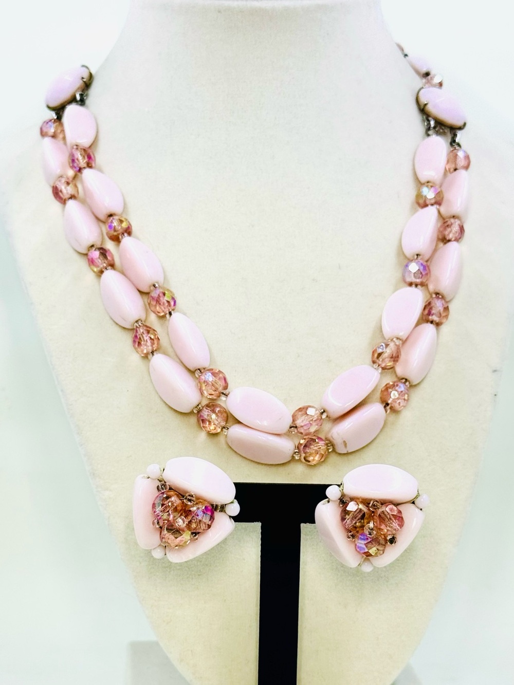 W Germany Blush Pink Double-Strand Glass & AB Crystal Beaded Necklace Earrings